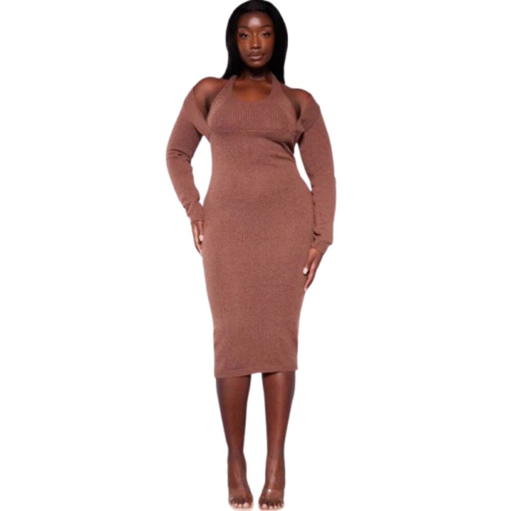 Pretty Little Thing NWT Plus Chocolate Halter neck Knitted Midi Dress Size XXXL